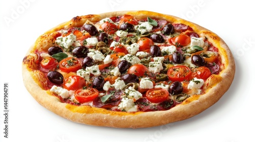 Delicious freshly baked round pizza topped with cherry tomatoes black olives green herbs spicy mozzarella cheese and crumbled feta cheese on a white background