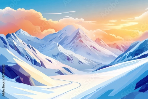 Serene Winter Landscape at Sunset with Majestic Snow-Capped Mountains and Colorful Sky