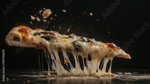 Close-up of a cheesy pepperoni pizza slice with melted cheese stretching and falling against a dark background, showcasing gooey cheese and crispy crust detail