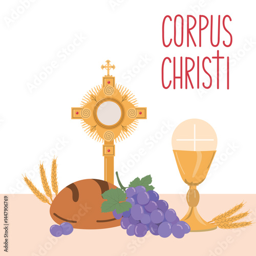 Corpus Christi Catholic Religious Holiday Vector Illustration with Feast Day, Cross, Bread and Grapes in Flat style. Holy spirit hand drawn background vector.