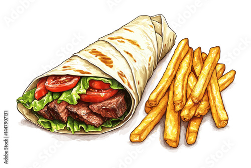 Delicious wrap with steak and fresh veggies, served with fries.