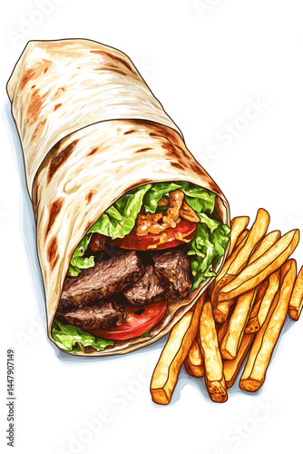 Delicious wrap with steak and fresh veggies, served with fries.