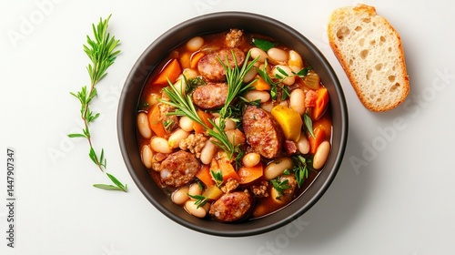Hearty Sausage and White Bean Stew with Herbs in Dark Bowl