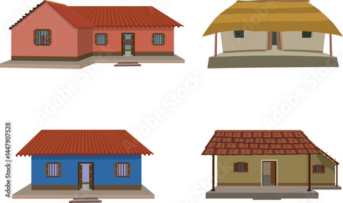 Set of Traditional Village Huts and Rural Houses – Cultural Architecture with Clay Walls, Thatch and Tiled Roofs for Heritage Design, Construction, and Real Estate Illustrations