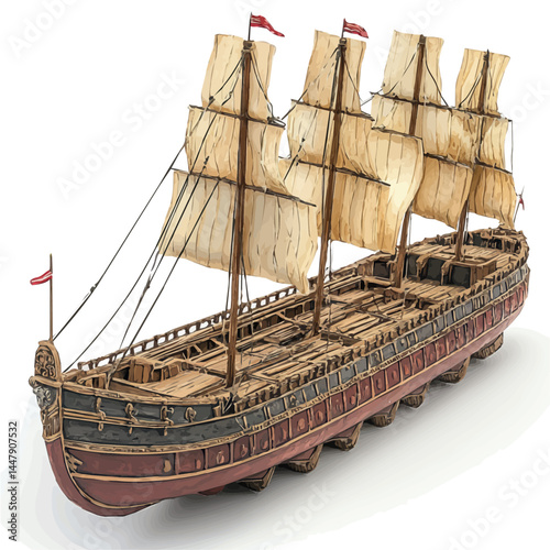 watercolor of Greek Trireme Miniature Model, vector, isolated on a white background.