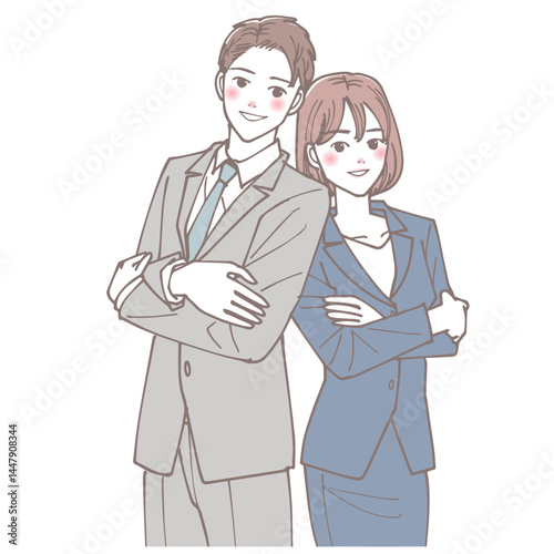 腕を組んでこちらを見ている若い会社員の男女