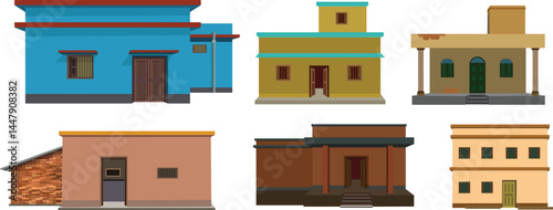 Indian Urban Village House Vector Set – Colorful Flat Roof Rural Homes, Brick and Concrete Architecture for Cultural, Educational, Real Estate, and Design Projects