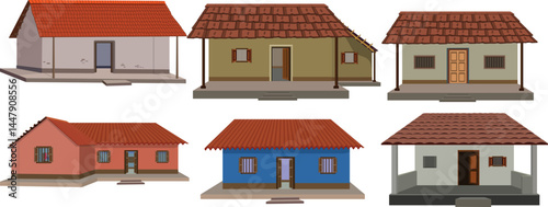 Traditional Indian Village House Vector Set – Clay Tile Roof Rural Homes, South Asian Architecture Illustration for Heritage, Education, Real Estate, and Cultural Design Projects