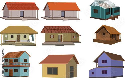 Set of Isolated Indian Houses and Huts – Traditional and Modern Rural Architecture Vector Collection
