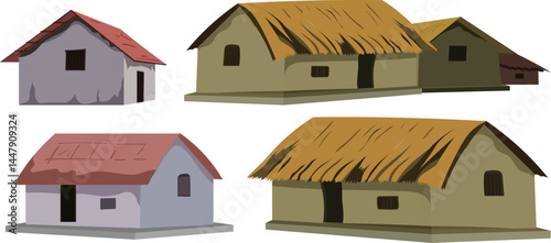 Rural Village Hut Vector Set – Traditional Clay and Thatch Roof Houses for Farming, Culture, Architecture and Educational Illustrations
