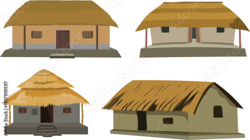 Traditional Village Huts with Thatch Roofs – Rural House Vector Set for Cultural, Educational, Architectural and Agricultural Design Projects