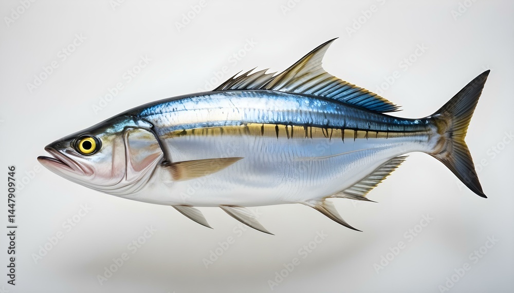 Naklejka premium Striking image of a silver fish with vibrant blue and yellow markings on a white backdrop.