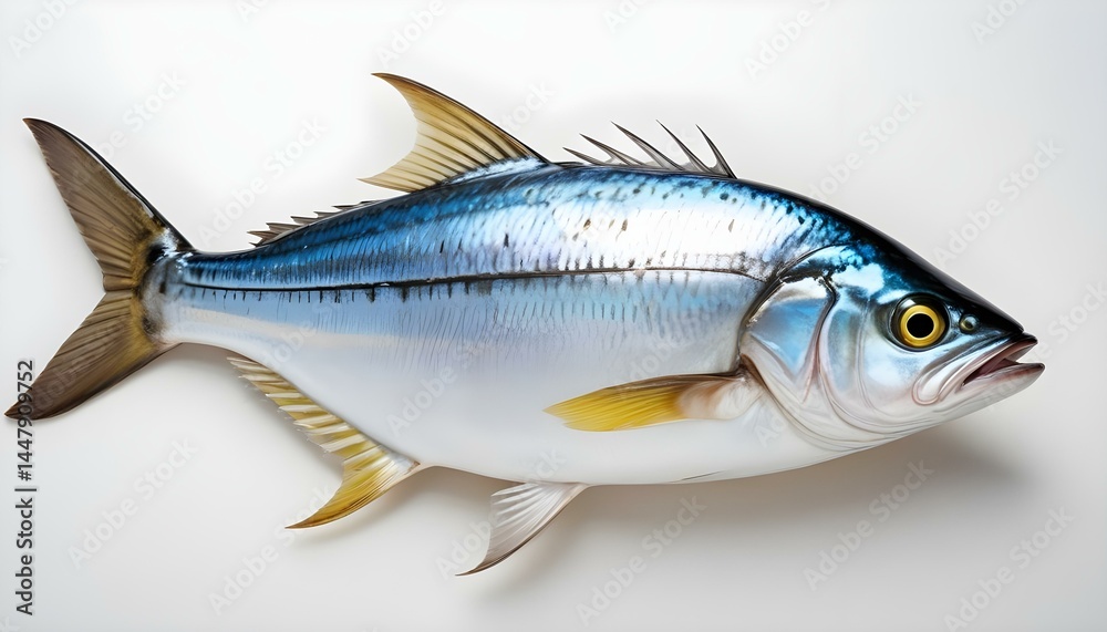 Fototapeta premium A beautifully rendered fish with a mix of blue and silver hues is isolated on white.