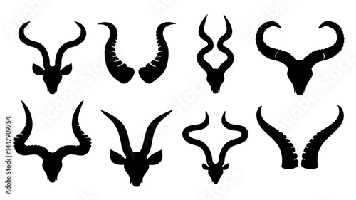 Set of different animal horn silhouettes on tranparent background