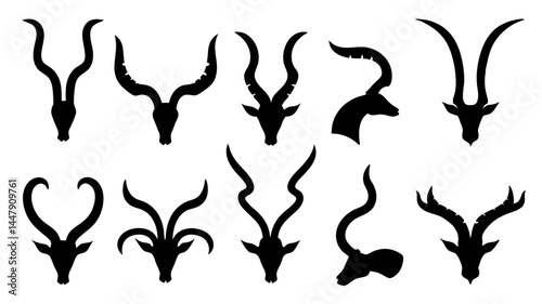 Set of different animal horn silhouettes on tranparent background