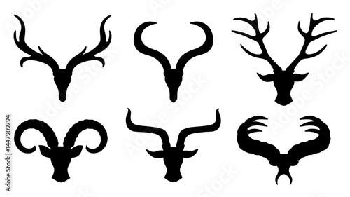 Set of different animal horn silhouettes on tranparent background