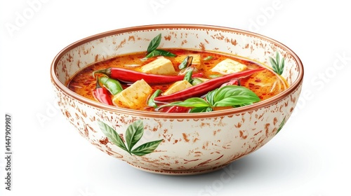 Traditional Asian spicy hot and sour vegetable soup served in a rustic ceramic bowl with fresh herbs and crunchy vegetables for comforting meal