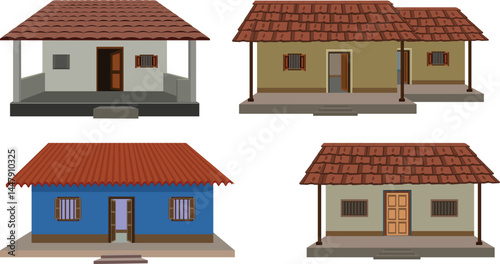 Village House Vector Set – Traditional Rural Homes with Tiled Roofs and Verandas, Flat Design for Architectural, Educational, and Cultural Illustrations