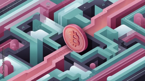 Businessperson navigating complex maze, escaping bitcoin trap Financial risk, cryptocurrency investment challenge concept - pattern seamless texture design abstract