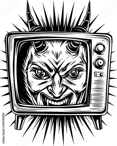 Satanic hacker skull design in SVG format. Demon Face Emerging from Old Television Set with Sharp Background