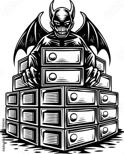 Satanic hacker skull design in SVG format. Devilish Character Surrounded by Piles of Cash and Money Vaults