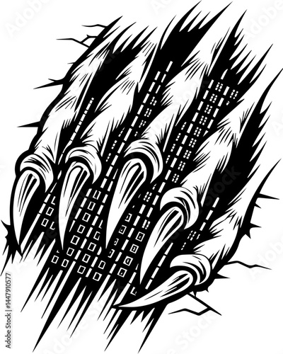 Satanic hacker skull design in SVG format. Fierce Claw Marking on a Surface with Sharp Long Fingernails Detail