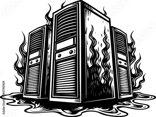 Satanic hacker skull design in SVG format. Burning Server Illustration with Flames and Smoke Effects