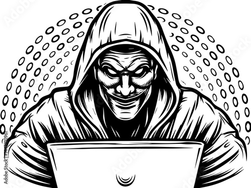 Satanic hacker skull design in SVG format. Mysterious Hacker in Hoodie Working on a Laptop Illustration