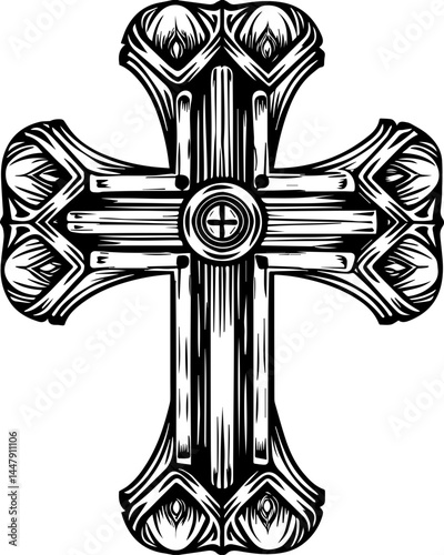 Satanic hacker skull design in SVG format. Ornate Black and White Decorative Cross with Intricate Design