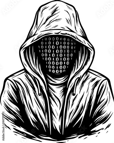 Satanic hacker skull design in SVG format. Mysterious Figure in Hoodie with Binary Code Face Design