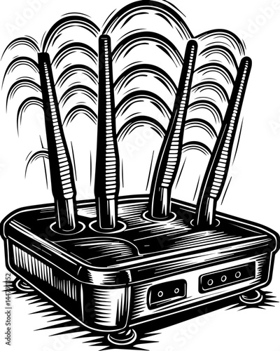 Satanic hacker skull design in SVG format. Wireless Router with Antennas and Signal Waves Illustration