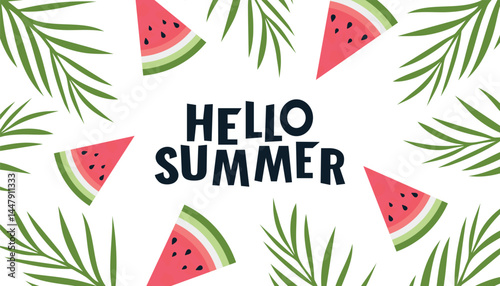 Summer sale horizontal vector banner design. Hello summer with green tropical leaves and bright watermelon slices on white background.