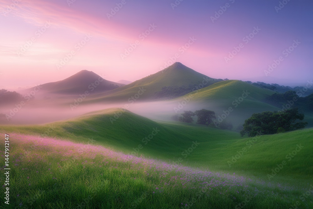Obraz premium Serene landscape at dawn with rolling hills, misty valleys, and vibrant wildflowers in bloom