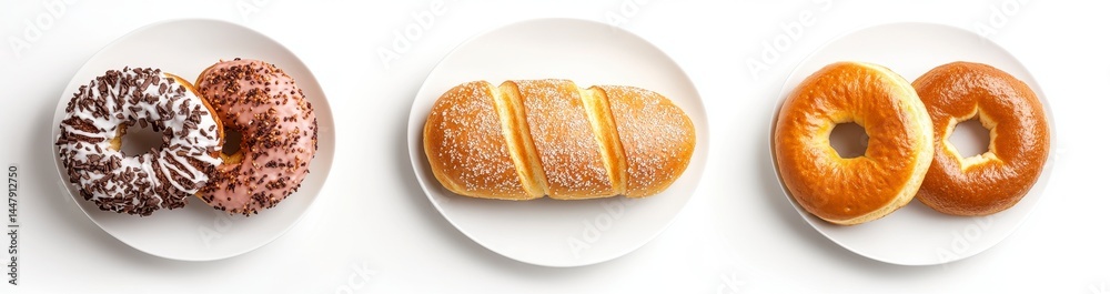 Overhead View of Three Plates of Assorted Pastries Donuts and Sweet Bread on White Background Overhead View of Three Plates of Assorted Pastries Donuts and Sweet Bread on White Background