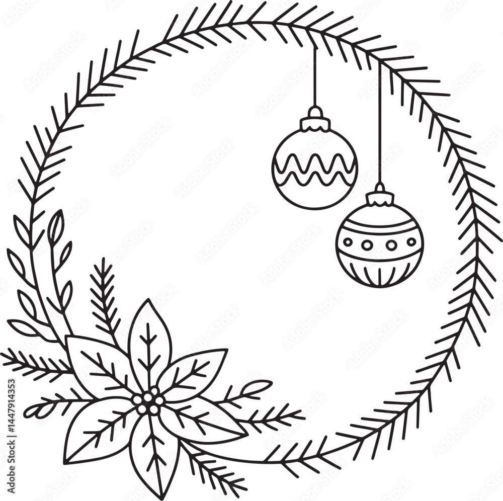 Fototapeta premium Christmas Ornaments and Poinsettia Floral Wreath Illustration
