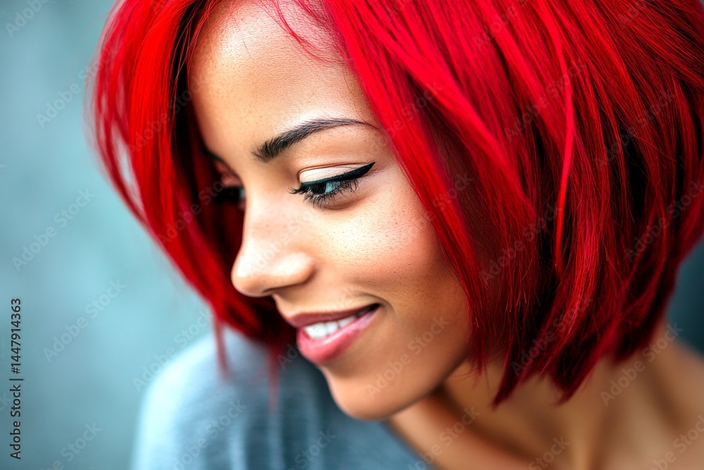 Short hairdo - red hair. Commercial digital ads idea art. Stunning happy black girl - for ads, poster and web use. Black girl ads. Stylish african portrait ads. Fashion short hair.