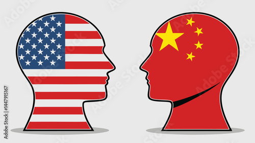 USA China Conflict Vector Silhouette, American and Chinese Flag Heads Facing Each Other, Political Dispute Illustration
