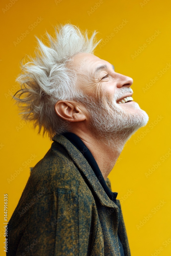 Creative of style for aging men. Chic men's mid fade haircut - midlife white man with hair. Yellow solid background. A cheerful man radiating warmth and positivity.