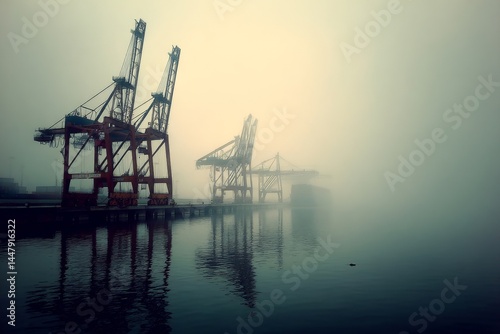 Large industrial cranes stand in the harbor shrouded in heavy fog, casting reflections on the water.