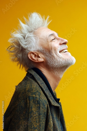 Obraz na płótnie Creative of style for aging men. Chic men's mid fade haircut - midlife white man with hair. Yellow solid background. A cheerful man radiating warmth and positivity. w salonie