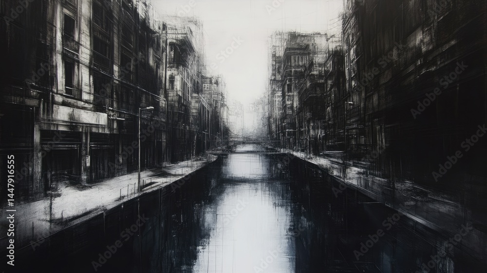 Fototapeta premium Monochromatic urban waterway scene of a city street.