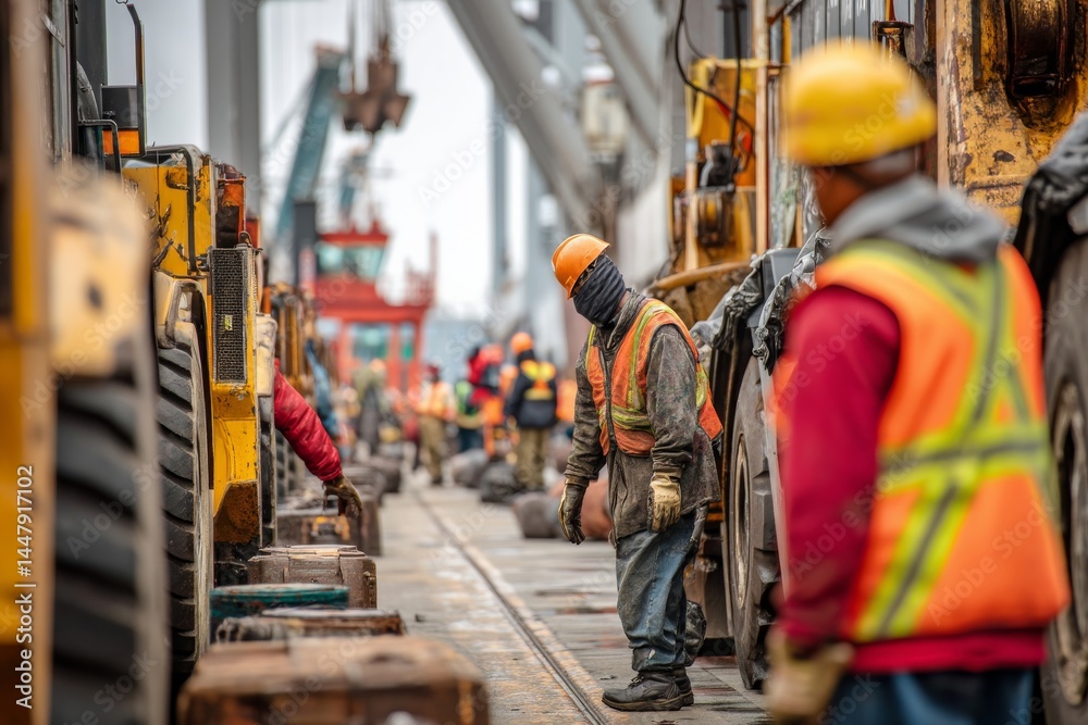 Naklejka premium Construction workers and machines are seen working in a port or industrial area, focus on the workers.