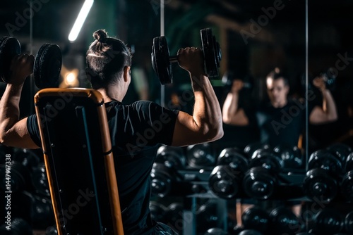 Male bodybuilder performing seated dumbbell press for shoulders in gym, Man training deltoid muscles with dumbbells on bench during workout