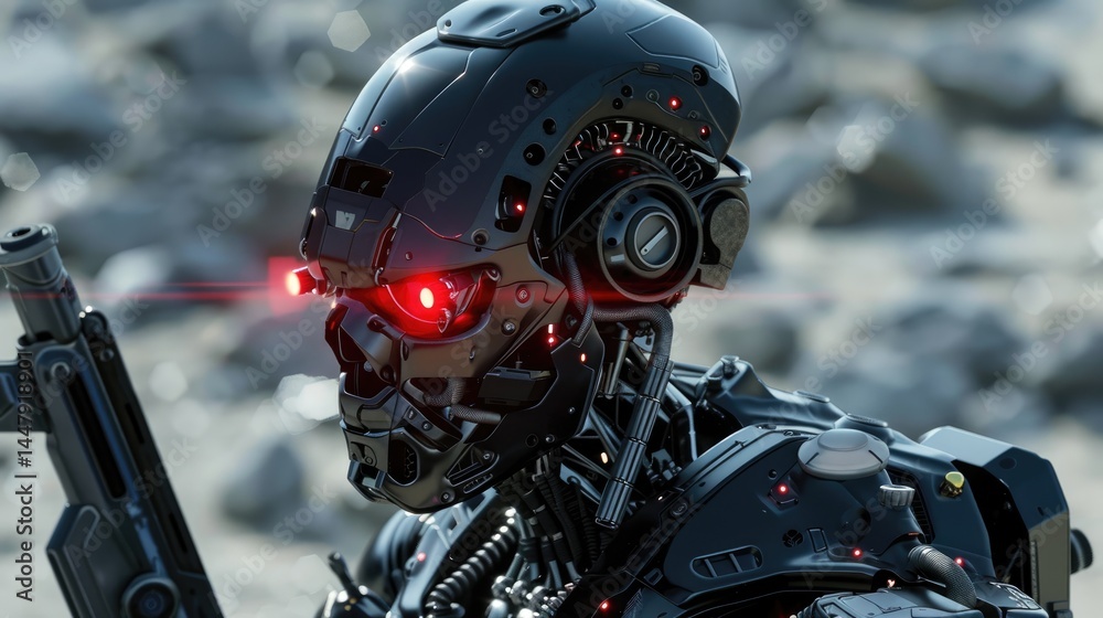 Close-up view of a futuristic robotic head. Close-up view of a futuristic robotic head.
