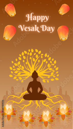 Happy Vesak day greeting card with Buddha, temple, lotus on brown background. ( original illustration, not AI-generated )