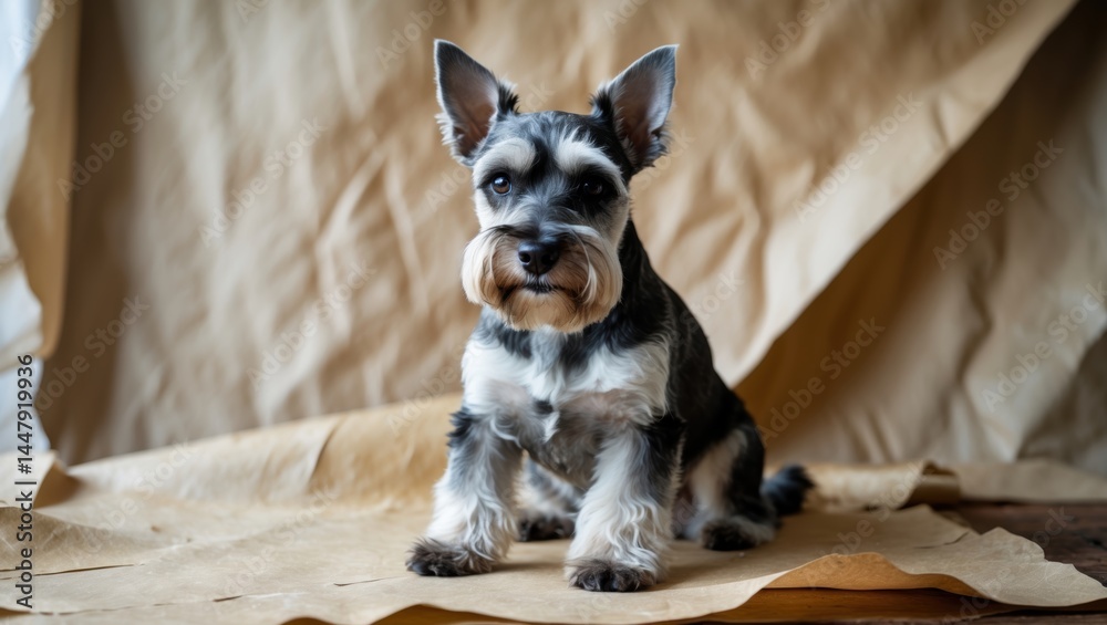 Close-up portrait of a miniature Schnauzer dog sitting on a textured surface with a warm backdrop