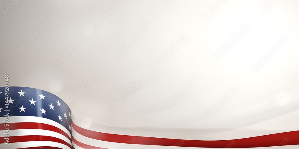 Naklejka premium American Flag in Motion: The stars and stripes wave gracefully, the vibrant colors of the national flag dance in the breeze. A patriotic symbol, embodies pride and freedom against a bright backdrop. 