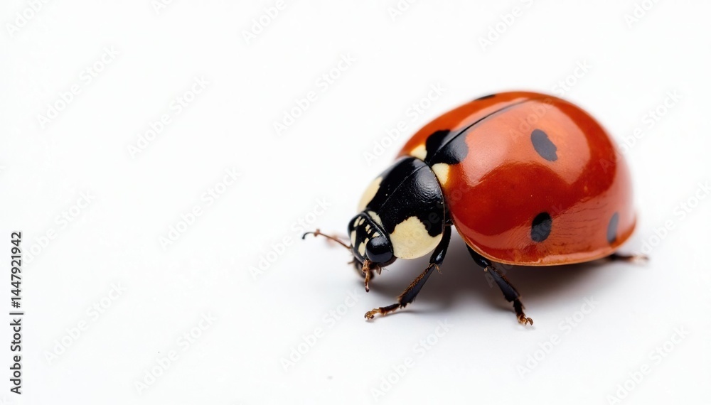 Close-up of a single ladybug on white background, macro, seven-spotted ladybug, bug Close-up of a single ladybug on white background, macro, seven-spotted ladybug, bug