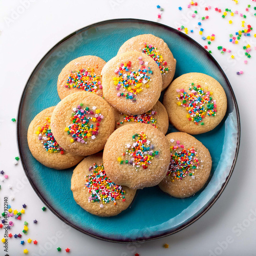Sugar cookies with sprinkles, colorful coffee treat. freshly baked dessert cookies