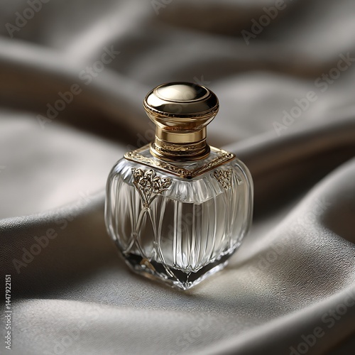 Fragrance bottle, luxury scent, cosmetic product, elegant perfume.